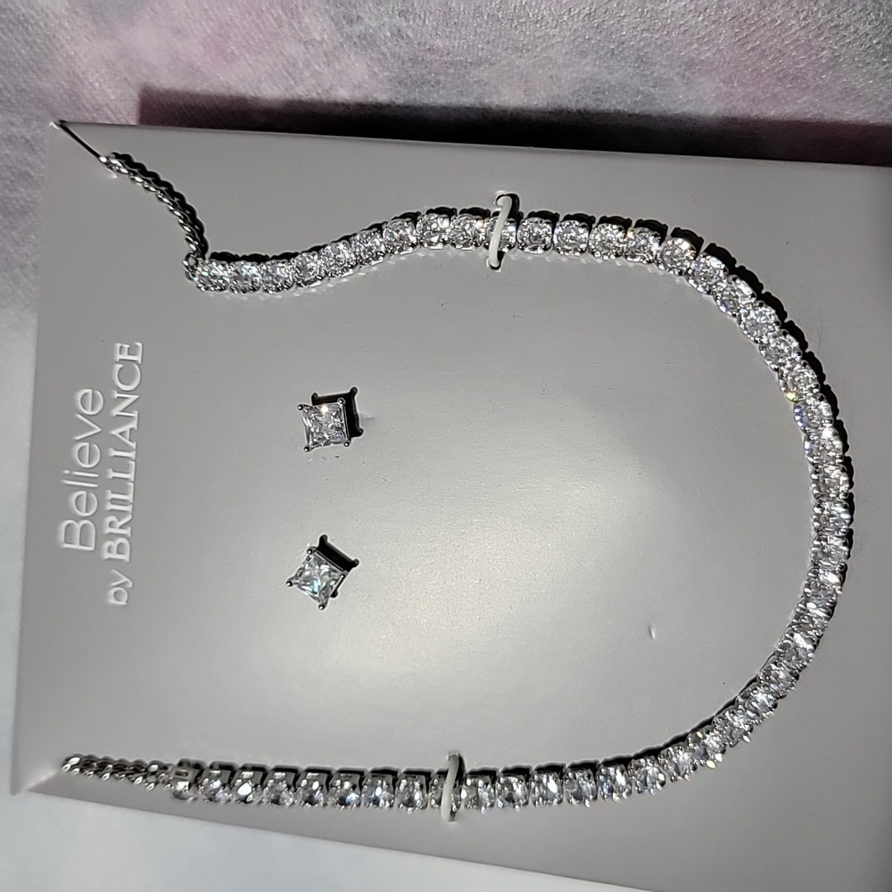 New Believe by Brilliance Necklace & Earring Set Tennis Studs Silver Plated CZ - Picture 2 of 11